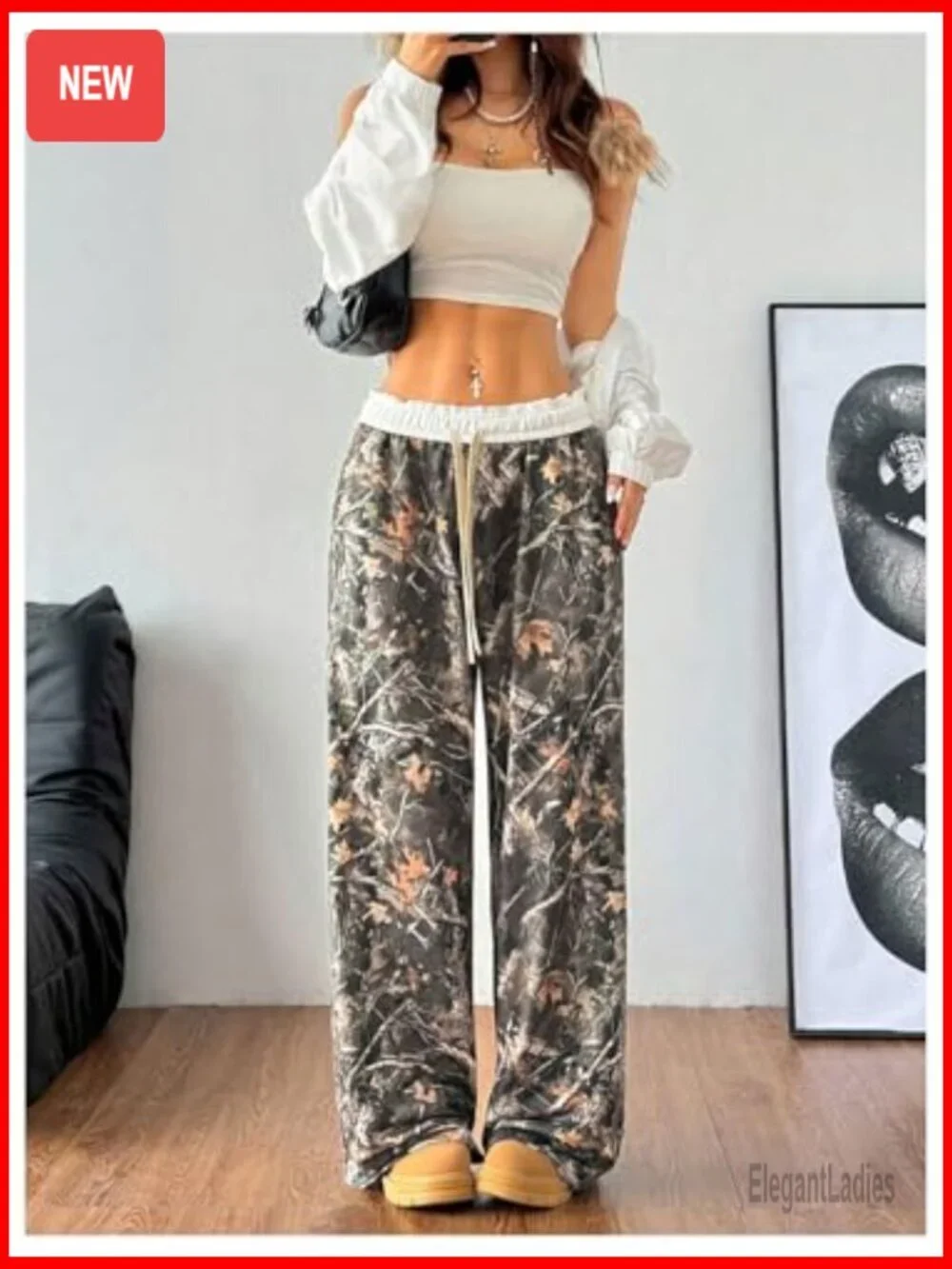 Wide Leg Baggy Sweatpants Drawstring Elastic Waist Y2K Camo Pants
